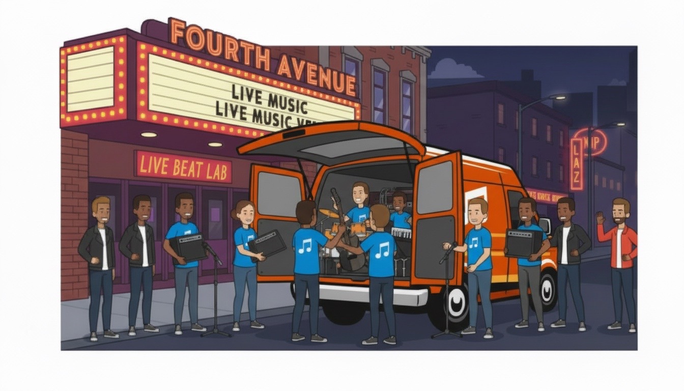 Band and crew loading music equipment into van outside venue